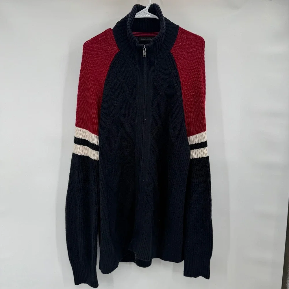 Banana Republic Full Zip Sweater Men XL Tall Navy Blue Red Cable Knit Colorblock